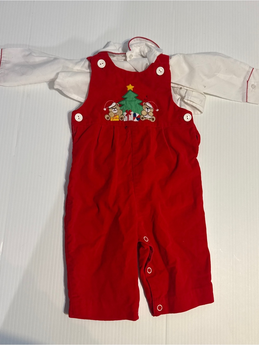Vintage 90s Baby Christmas Teddy Bear Red Velvet Overalls Set 3-6M Holiday